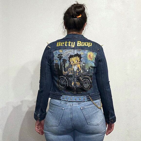 Upcycled Blue Denim Betty Boop Jean Jacket Sz M - Picture 1 of 13